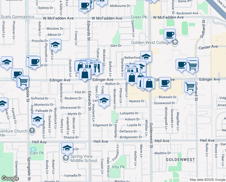 map of restaurants, bars, coffee shops, grocery stores, and more near 16062 Tellim Lane in Huntington Beach