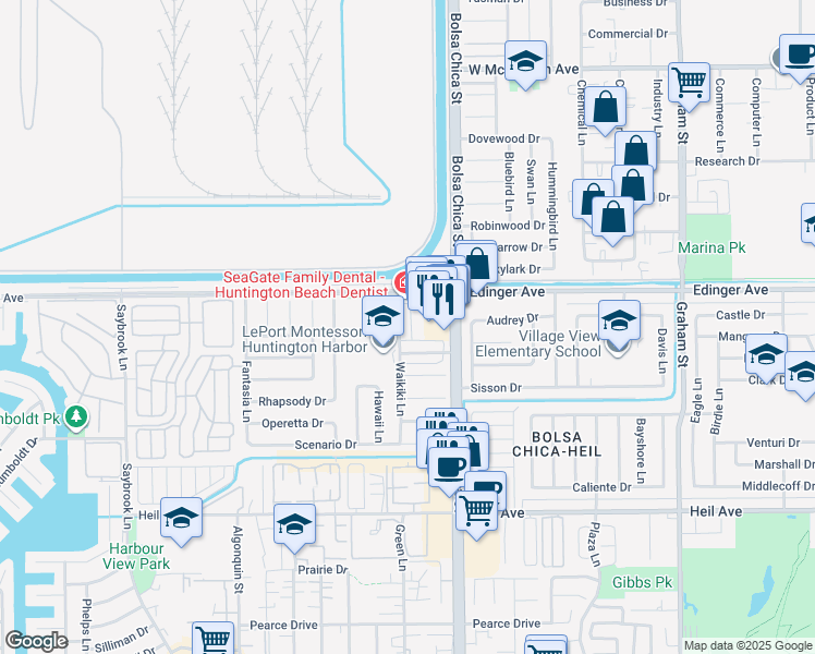map of restaurants, bars, coffee shops, grocery stores, and more near 16041 Waikiki Lane in Huntington Beach