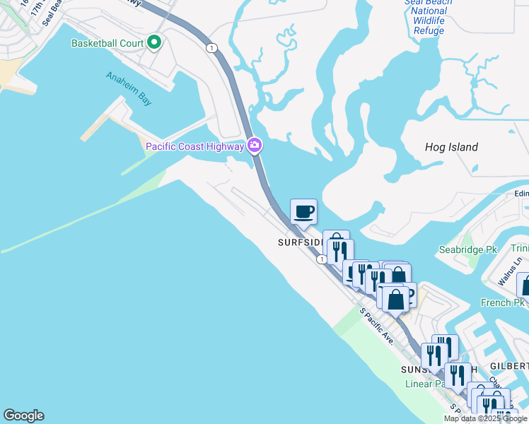 map of restaurants, bars, coffee shops, grocery stores, and more near in Seal Beach