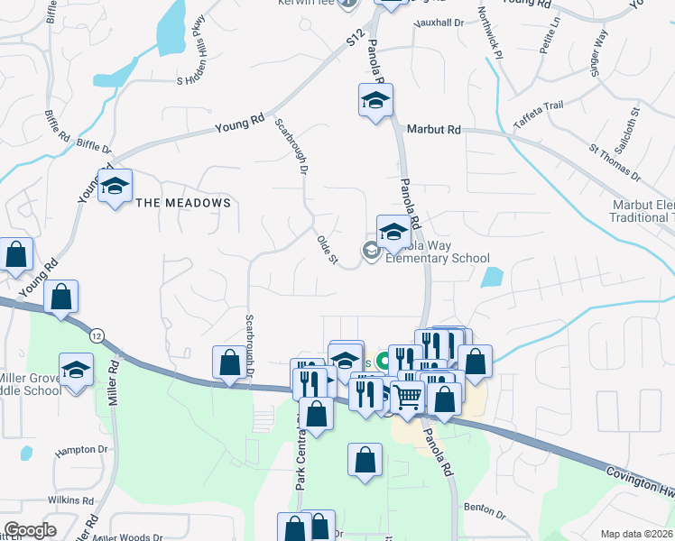 map of restaurants, bars, coffee shops, grocery stores, and more near 5369 Olde Street in Stone Mountain