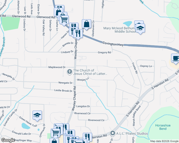 map of restaurants, bars, coffee shops, grocery stores, and more near 4318 Aldergate Drive in Decatur