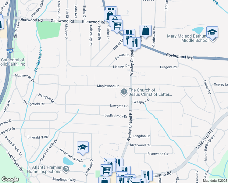 map of restaurants, bars, coffee shops, grocery stores, and more near 2076 Treehaven Court in Decatur
