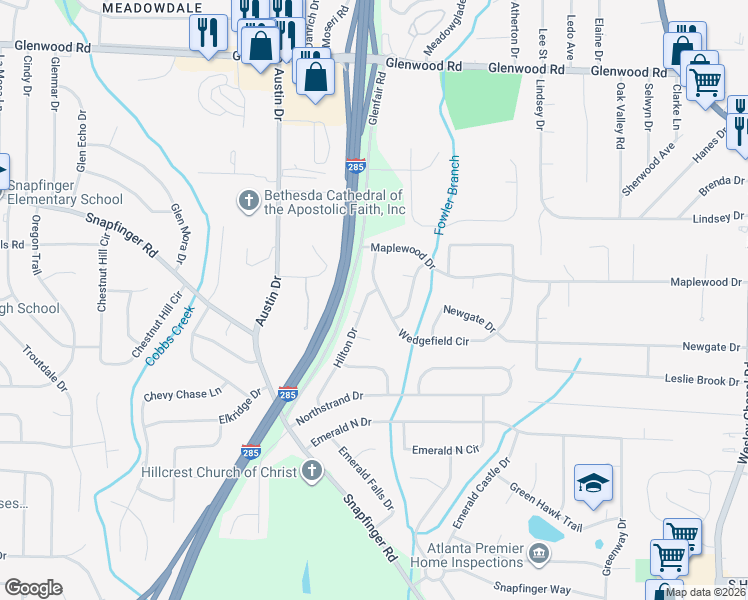 map of restaurants, bars, coffee shops, grocery stores, and more near 3874 Wedgefield Circle in Decatur