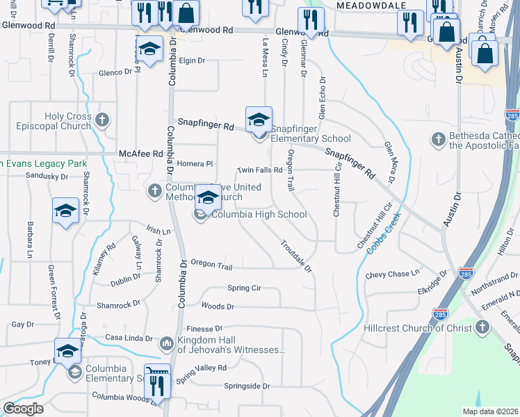 map of restaurants, bars, coffee shops, grocery stores, and more near 2071 Willamette Way in Decatur