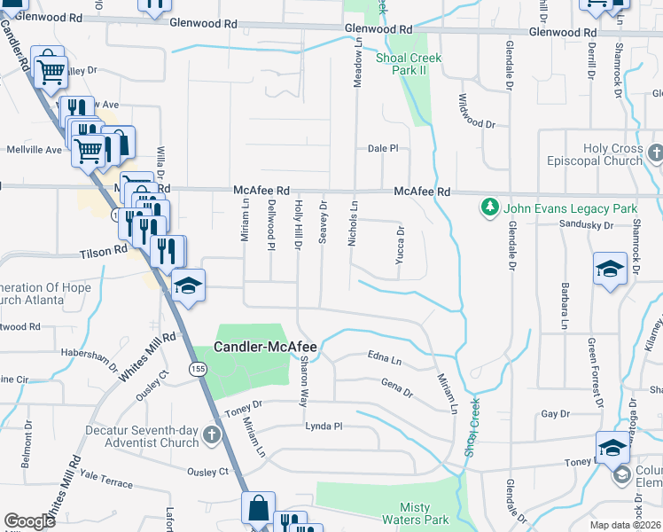 map of restaurants, bars, coffee shops, grocery stores, and more near 2087 Nichols Lane in Decatur