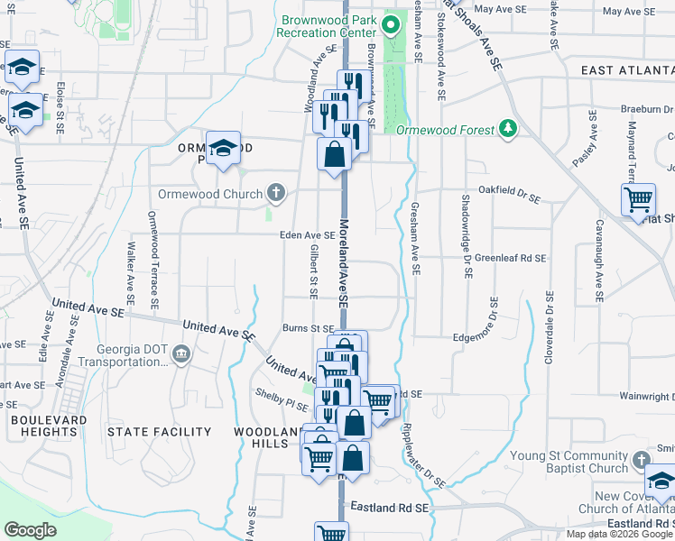 map of restaurants, bars, coffee shops, grocery stores, and more near 935 Moreland Avenue Southeast in Atlanta