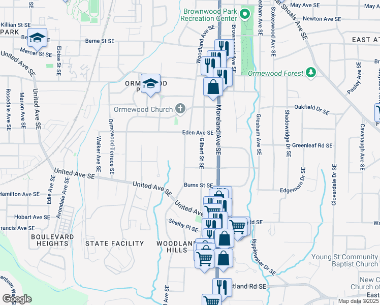 map of restaurants, bars, coffee shops, grocery stores, and more near 944 Woodland Avenue Southeast in Atlanta