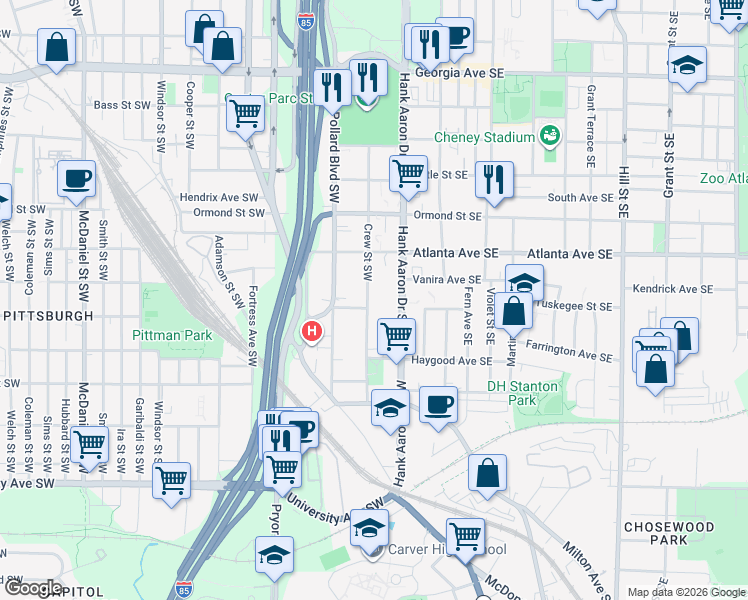 map of restaurants, bars, coffee shops, grocery stores, and more near 958 Crew Street Southwest in Atlanta