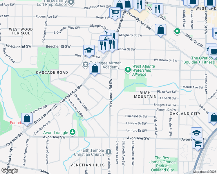 map of restaurants, bars, coffee shops, grocery stores, and more near 1543 Pineview Terrace Southwest in Atlanta