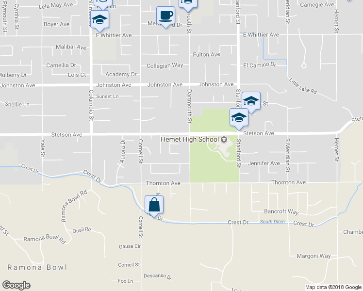 map of restaurants, bars, coffee shops, grocery stores, and more near 41471 Vicky Lane in Hemet