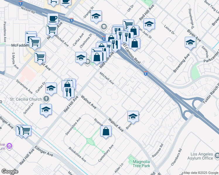 map of restaurants, bars, coffee shops, grocery stores, and more near 1681 Mitchell Avenue in Tustin