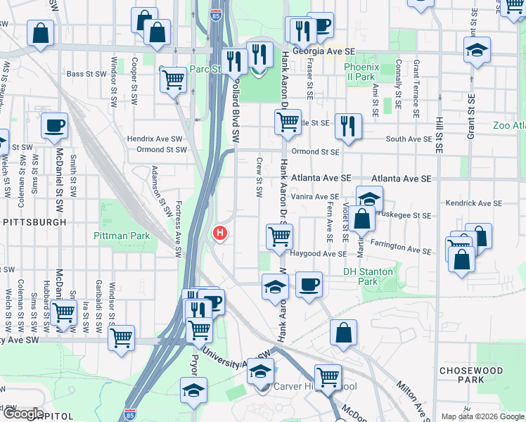 map of restaurants, bars, coffee shops, grocery stores, and more near 958 Crew Street Southwest in Atlanta