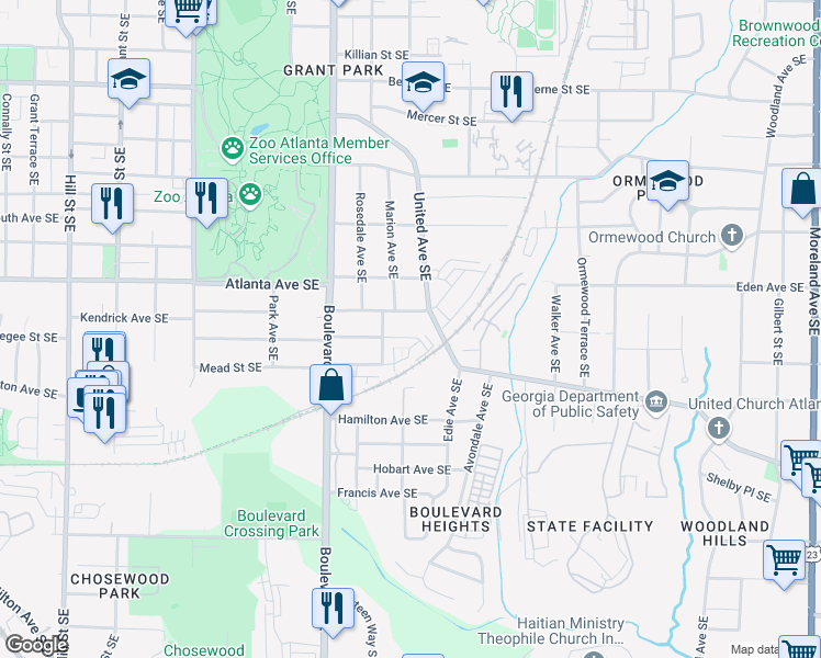 map of restaurants, bars, coffee shops, grocery stores, and more near 655 Mead Street in Atlanta