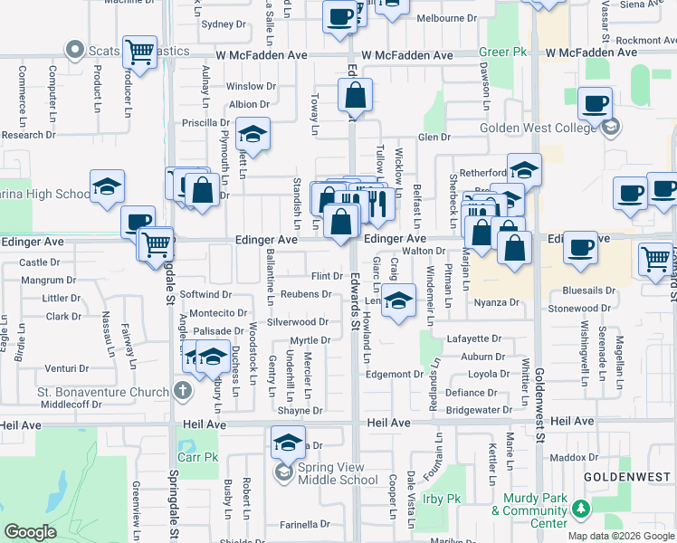 map of restaurants, bars, coffee shops, grocery stores, and more near 16091 Gold Circle in Huntington Beach