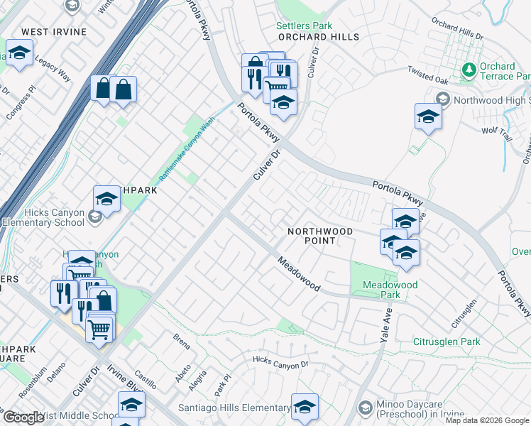 map of restaurants, bars, coffee shops, grocery stores, and more near 907 Somerville in Irvine