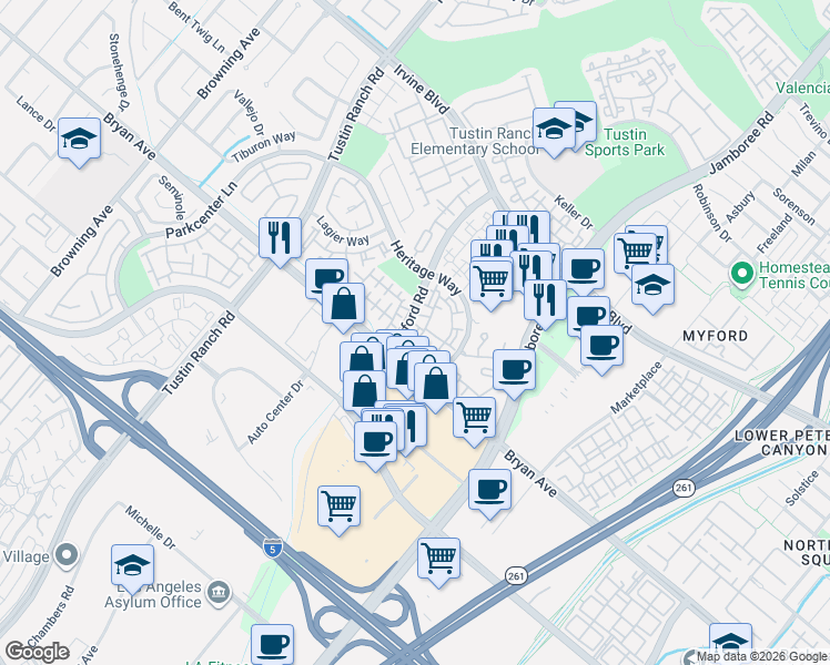 map of restaurants, bars, coffee shops, grocery stores, and more near 13445 Verona in Tustin