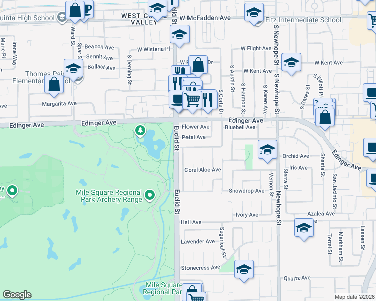 map of restaurants, bars, coffee shops, grocery stores, and more near 11077 Bellflower Avenue in Fountain Valley
