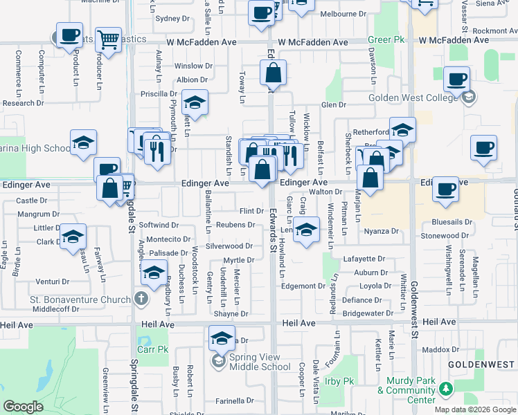 map of restaurants, bars, coffee shops, grocery stores, and more near 16091 Gold Circle in Huntington Beach