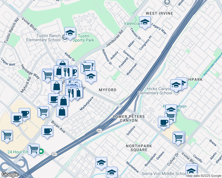 map of restaurants, bars, coffee shops, grocery stores, and more near 10 Marketview in Irvine