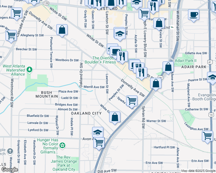 map of restaurants, bars, coffee shops, grocery stores, and more near 962 Lawton Street Southwest in Atlanta