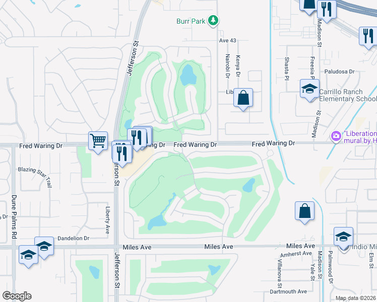 map of restaurants, bars, coffee shops, grocery stores, and more near 80234 Royal Dornoch Drive in Indio