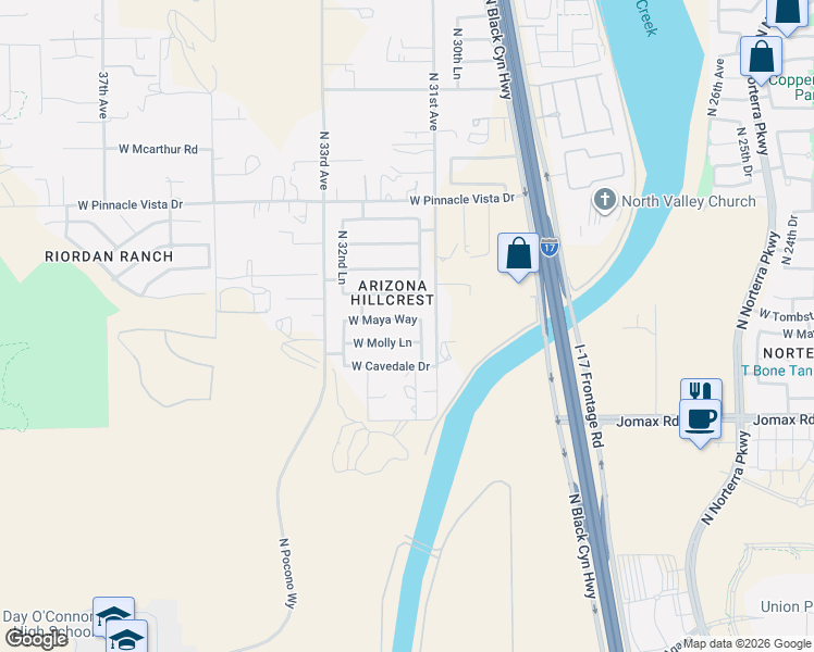 map of restaurants, bars, coffee shops, grocery stores, and more near 3116 West Maya Way in Phoenix