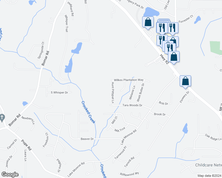 map of restaurants, bars, coffee shops, grocery stores, and more near 2823 Aunt Pittypat Lane in Douglasville