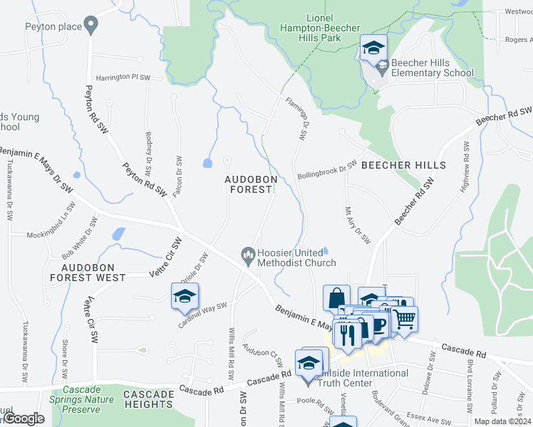 map of restaurants, bars, coffee shops, grocery stores, and more near 955 Willis Mill Road Southwest in Atlanta