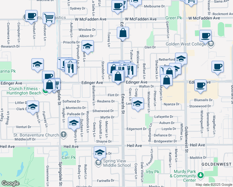 map of restaurants, bars, coffee shops, grocery stores, and more near 16091 Gold Circle in Huntington Beach