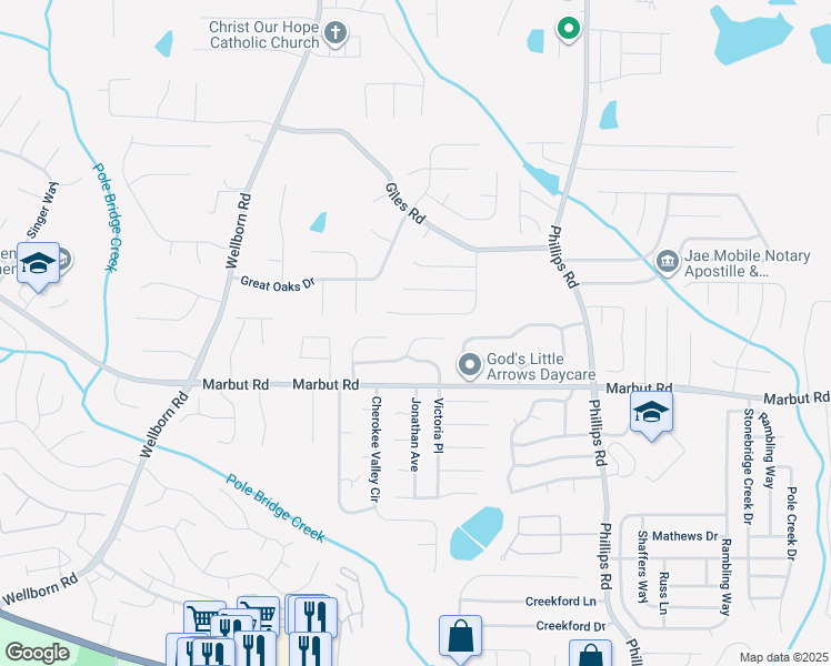 map of restaurants, bars, coffee shops, grocery stores, and more near 6138 Raintree Bend in Lithonia