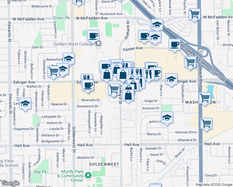 map of restaurants, bars, coffee shops, grocery stores, and more near 16091 Gothard Street in Huntington Beach