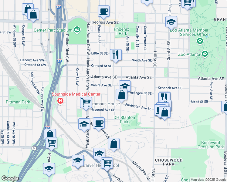 map of restaurants, bars, coffee shops, grocery stores, and more near 943 Violet Street Southeast in Atlanta