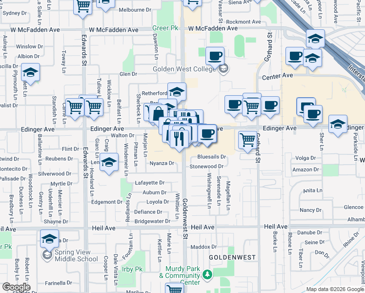 map of restaurants, bars, coffee shops, grocery stores, and more near 16065 Goldenwest Street in Huntington Beach