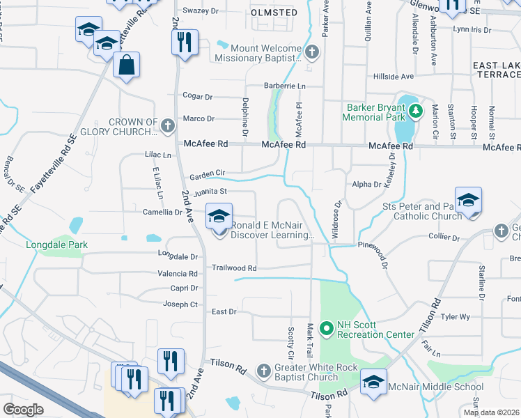 map of restaurants, bars, coffee shops, grocery stores, and more near 2116 Juanita Street in Decatur
