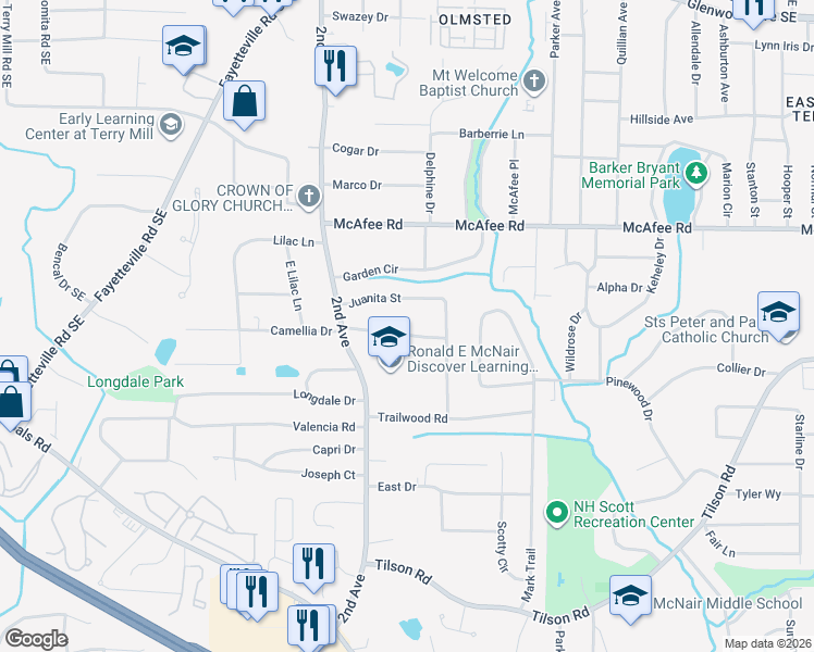 map of restaurants, bars, coffee shops, grocery stores, and more near 2050 East Camellia Drive in Decatur