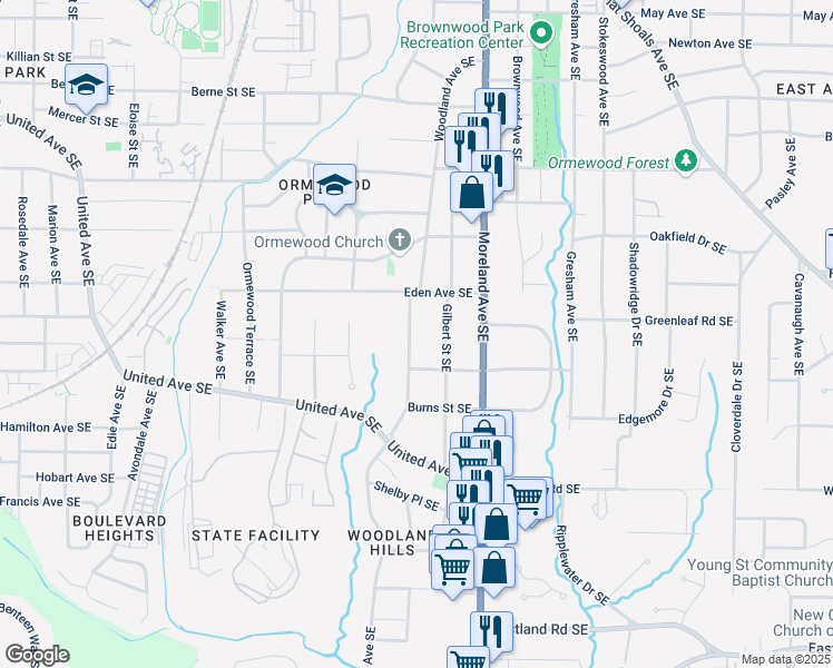 map of restaurants, bars, coffee shops, grocery stores, and more near 944 Woodland Avenue Southeast in Atlanta