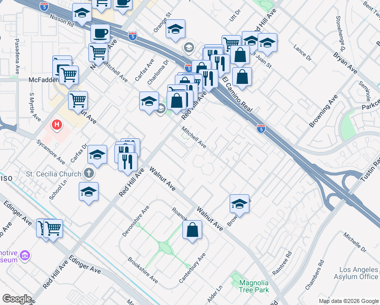 map of restaurants, bars, coffee shops, grocery stores, and more near 1722 Mitchell Avenue in Tustin