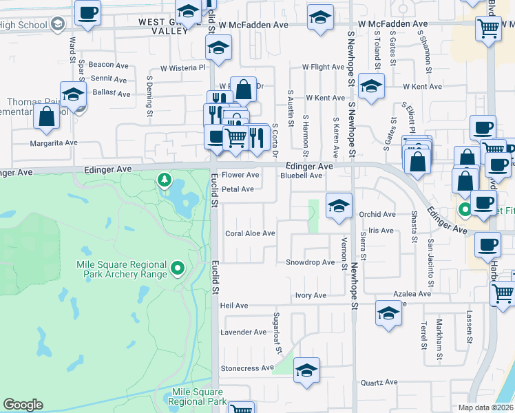 map of restaurants, bars, coffee shops, grocery stores, and more near 11165 Bellflower Avenue in Fountain Valley