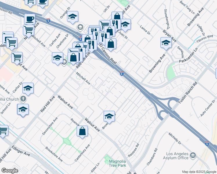 map of restaurants, bars, coffee shops, grocery stores, and more near 1777 Mitchell Avenue in Tustin