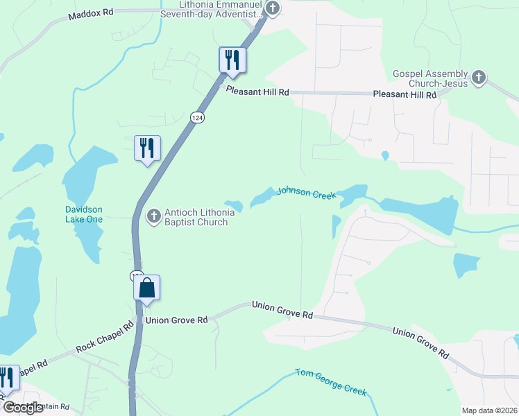 map of restaurants, bars, coffee shops, grocery stores, and more near 2101 Poplar Falls Road in Lithonia