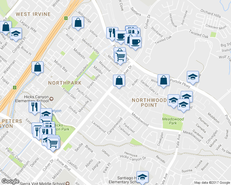 map of restaurants, bars, coffee shops, grocery stores, and more near 707 Yorkshire in Irvine