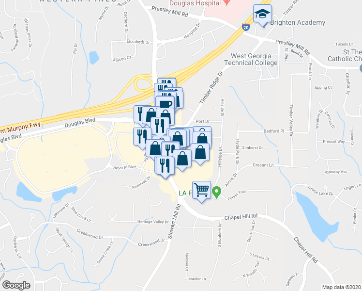 map of restaurants, bars, coffee shops, grocery stores, and more near 4885 Lehigh Drive in Douglasville