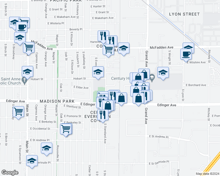map of restaurants, bars, coffee shops, grocery stores, and more near 1214 East Borchard Avenue in Santa Ana