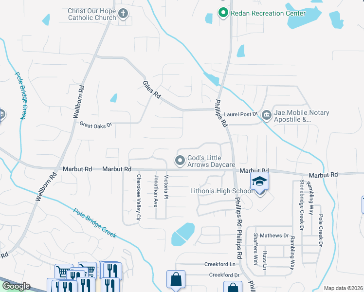 map of restaurants, bars, coffee shops, grocery stores, and more near 1946 Corners Circle in Lithonia