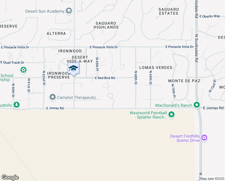 map of restaurants, bars, coffee shops, grocery stores, and more near 6647 Red Bird Circle in Scottsdale