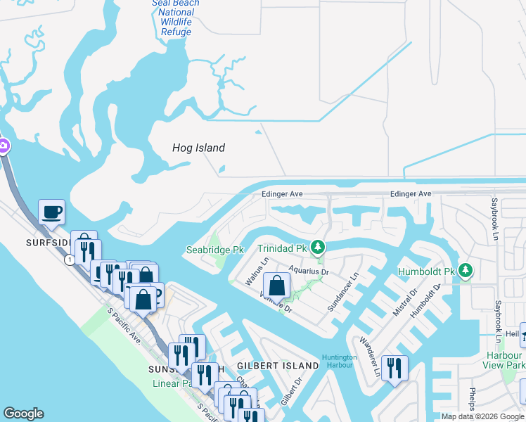 map of restaurants, bars, coffee shops, grocery stores, and more near 3372 Sparkler Drive in Huntington Beach