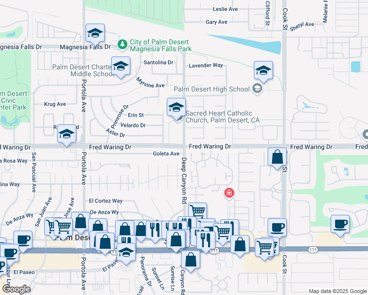 map of restaurants, bars, coffee shops, grocery stores, and more near Fred Waring Dr & Deep Canyon Rd in Palm Desert
