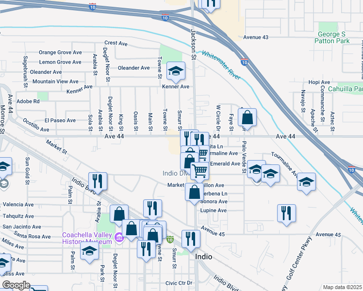 map of restaurants, bars, coffee shops, grocery stores, and more near 44107 Jackson Street in Indio