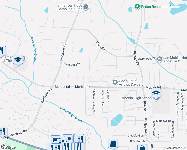 map of restaurants, bars, coffee shops, grocery stores, and more near 2116 Lown Farm Lane in Lithonia