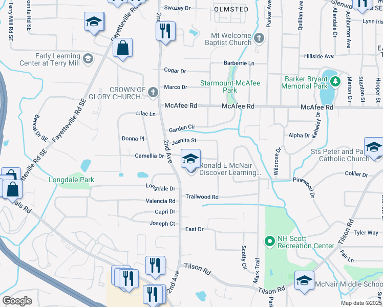 map of restaurants, bars, coffee shops, grocery stores, and more near 2036 East Camellia Drive in Decatur
